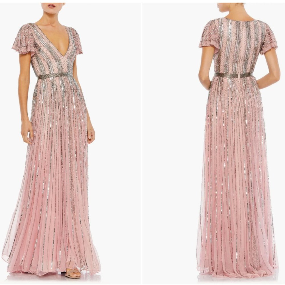 MAC DUGGAL STRIPE SEQUIN EMBELLISHED ROSE EVENING BALL-GOWN sz 14